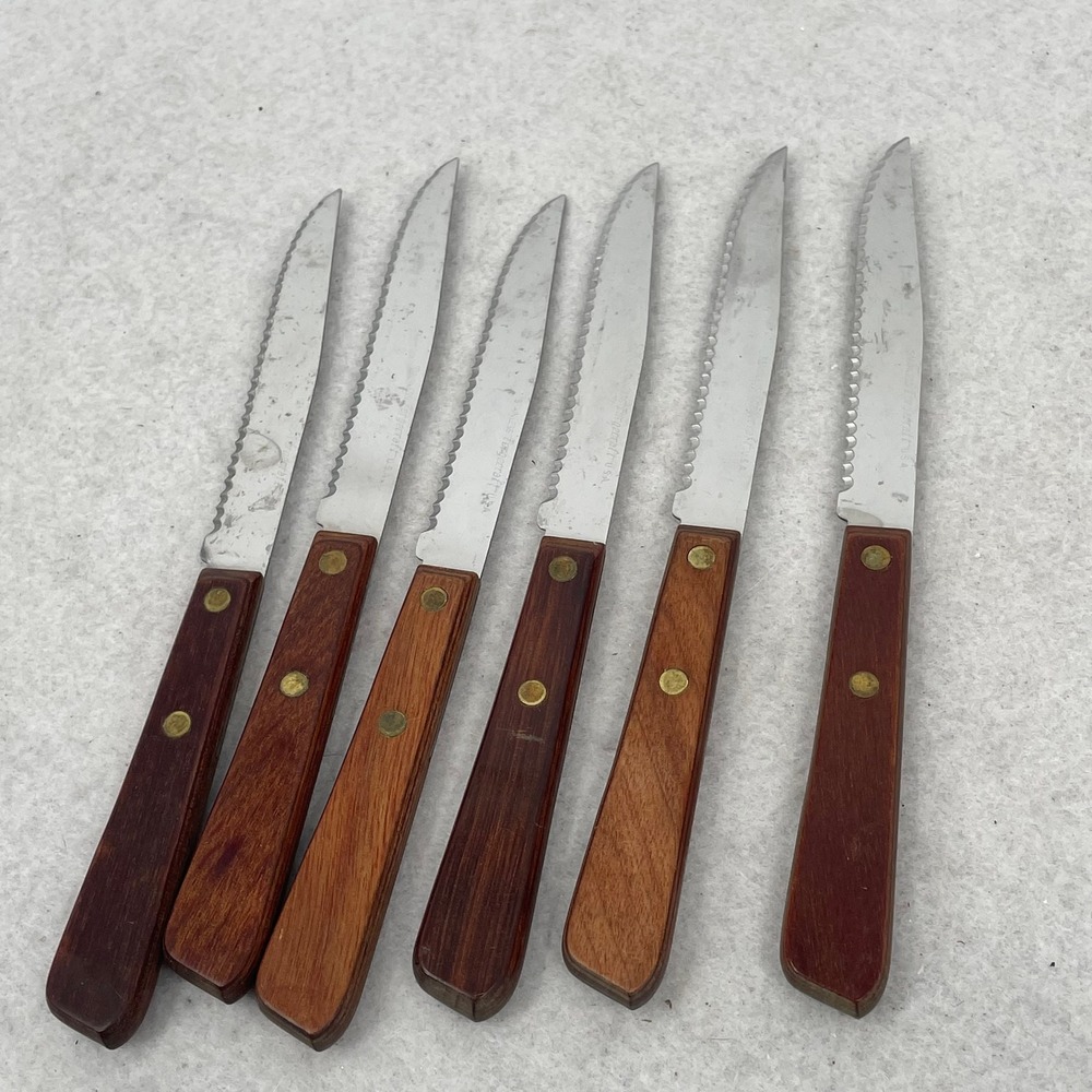 Vintage Forgecraft USA Steak Knife Set 6 Piece Wood Handle Stainless Serrated
